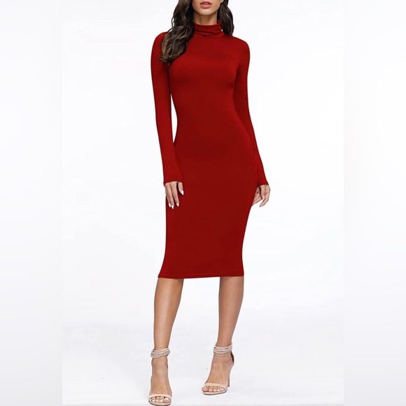 Womens Turtleneck Long Sleeve Bodycon Midi Sheath Dress in red - Picture 5 of 10